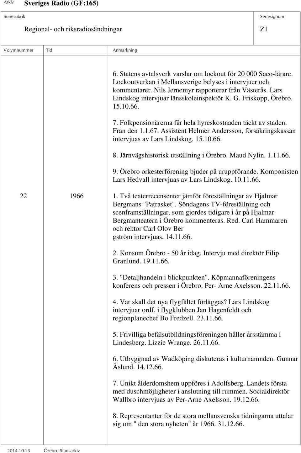 Assistent Helmer Andersson, försäkringskassan intervjuas av Lars Lindskog. 15.10.66. 8. Järnvägshistorisk utställning i Örebro. Maud Nylin. 1.11.66. 9. Örebro orkesterförening bjuder på uruppförande.
