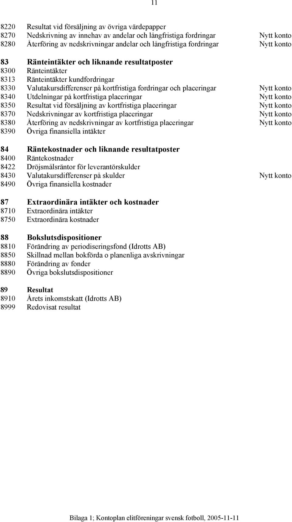 konto 8340 Utdelningar på kortfristiga placeringar Nytt konto 8350 Resultat vid försäljning av kortfristiga placeringar Nytt konto 8370 Nedskrivningar av kortfristiga placeringar Nytt konto 8380