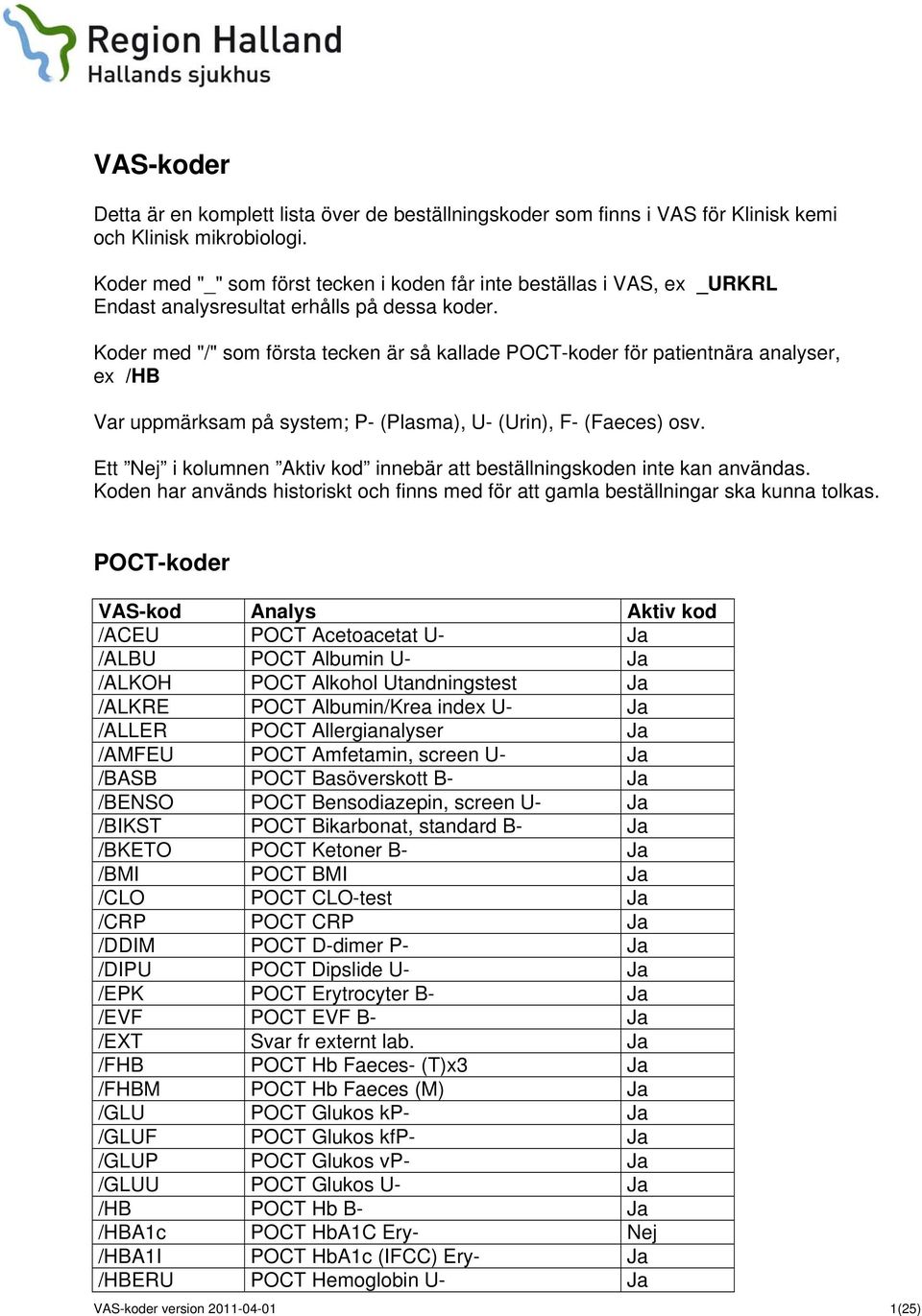 Koder med "/" som första tecken är så kallade POCT-koder för patientnära analyser, ex /HB Var uppmärksam på system; P- (Plasma), U- (Urin), F- (Faeces) osv.