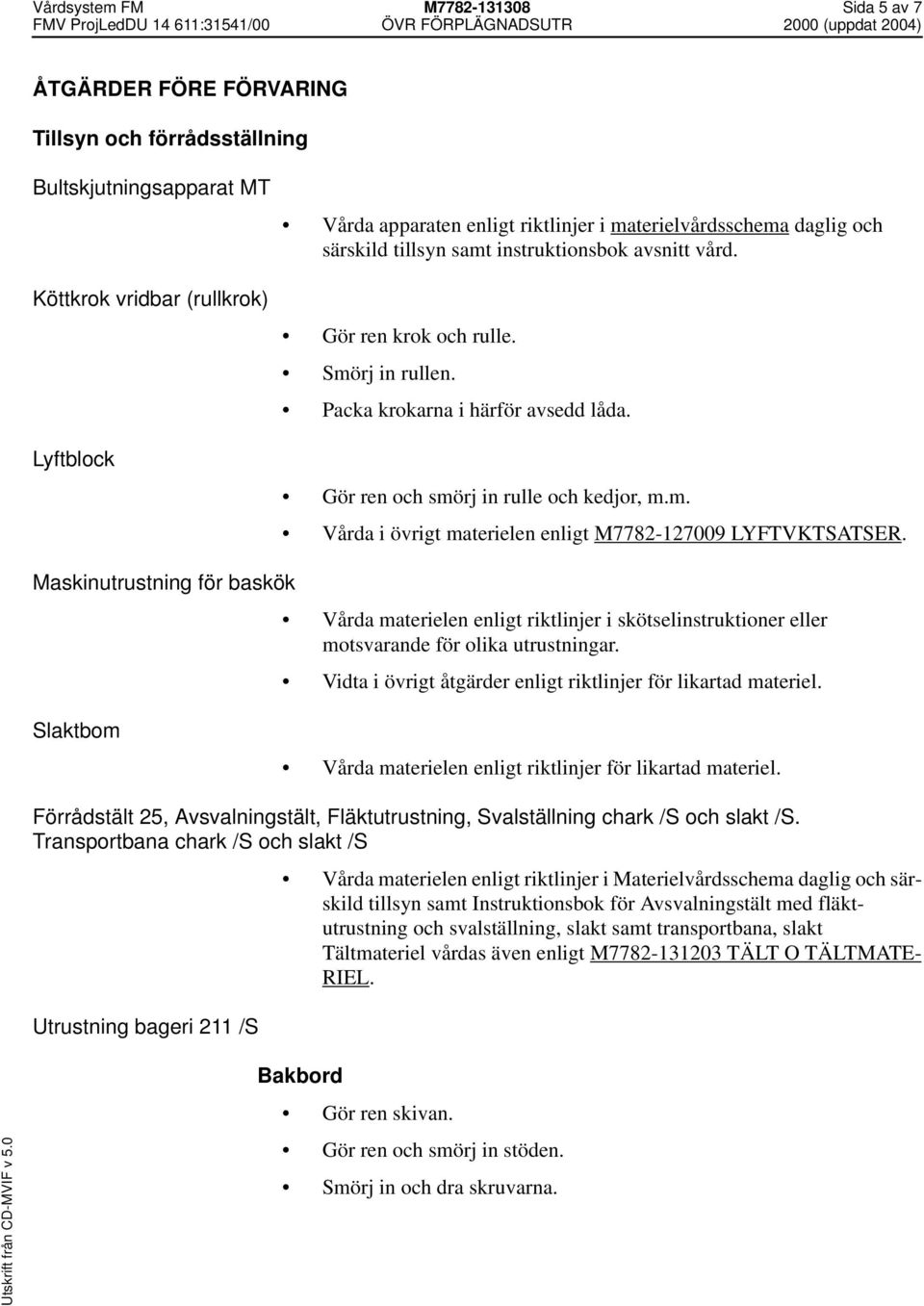 Gör ren och smörj in rulle och kedjor, m.m. Vårda i övrigt materielen enligt M7782-127009 LYFTVKTSATSER.