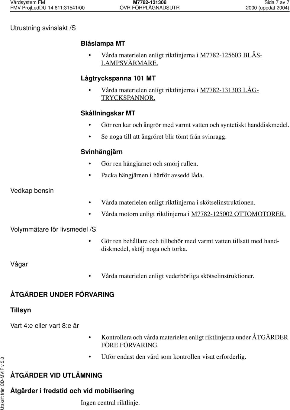 Se noga till att ångröret blir tömt från svinragg. Svinhängjärn Gör ren hängjärnet och smörj rullen. Packa hängjärnen i härför avsedd låda.