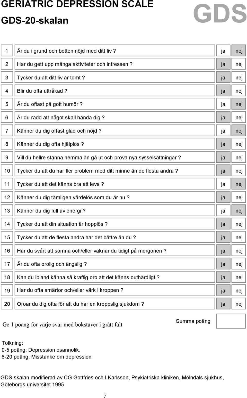 9 Vill du hellre stanna hemma än gå ut och prova nya sysselsättningar? 10 Tycker du att du har fler problem med ditt minne än de flesta andra? 11 Tycker du att det känns bra att leva?