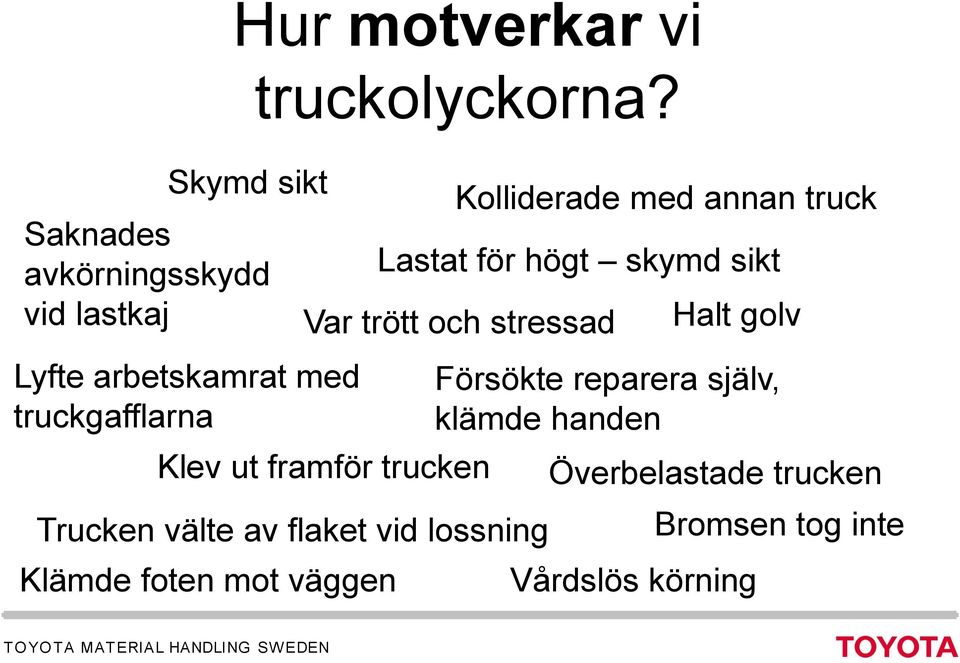 trucken Trucken välte av flaket vid lossning Klämde foten mot väggen Kolliderade med annan truck Lastat