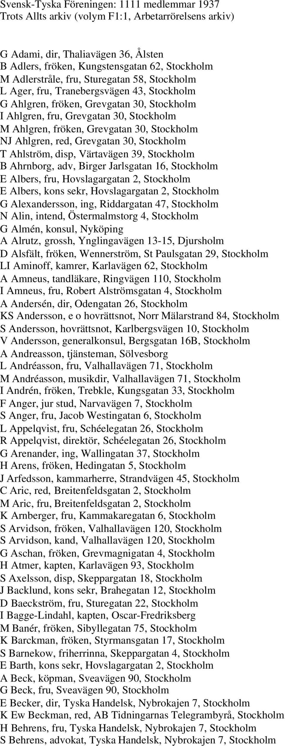 NJ Ahlgren, red, Grevgatan 30, Stockholm T Ahlström, disp, Värtavägen 39, Stockholm B Ahrnborg, adv, Birger Jarlsgatan 16, Stockholm E Albers, fru, Hovslagargatan 2, Stockholm E Albers, kons sekr,