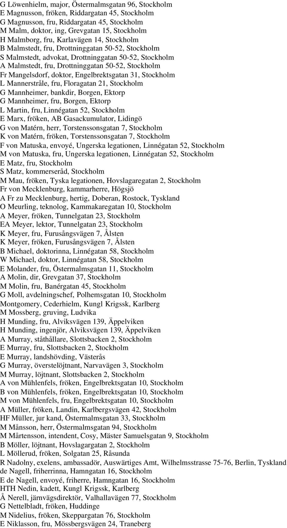 doktor, Engelbrektsgatan 31, Stockholm L Mannerstråle, fru, Floragatan 21, Stockholm G Mannheimer, bankdir, Borgen, Ektorp G Mannheimer, fru, Borgen, Ektorp L Martin, fru, Linnégatan 52, Stockholm E