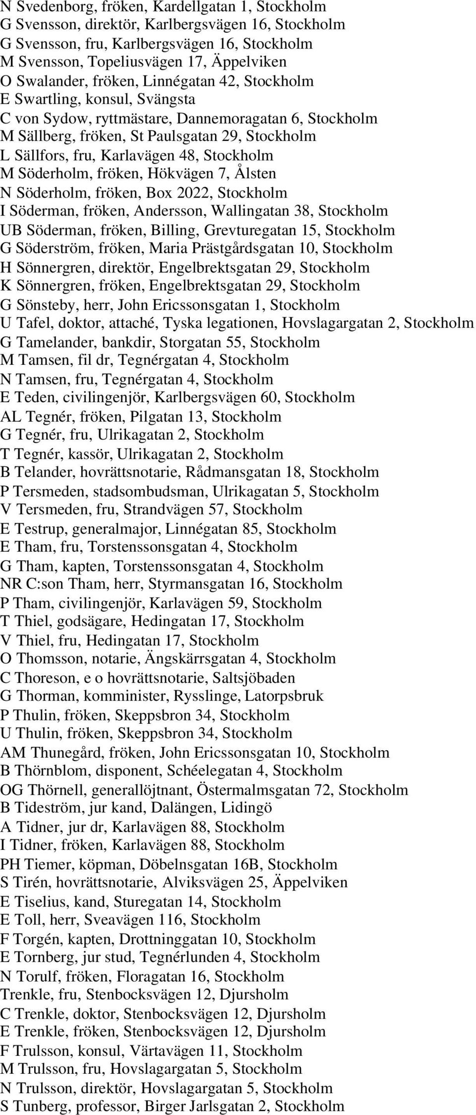 Stockholm M Söderholm, fröken, Hökvägen 7, Ålsten N Söderholm, fröken, Box 2022, Stockholm I Söderman, fröken, Andersson, Wallingatan 38, Stockholm UB Söderman, fröken, Billing, Grevturegatan 15,