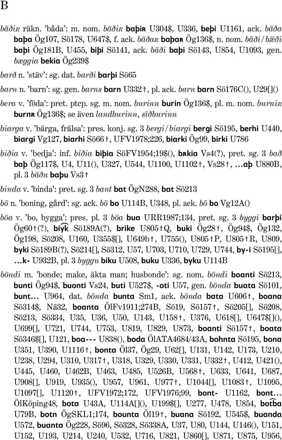 ptcp. sg. m. nom. burinn burin Ög136$, pl. m. nom. burnir burnr Ög136$; se även landburinn, síðburinn biarga v. bärga, frälsa : pres. konj. sg. 3 bergi / biargi bergi Sö195, berhi U440, biargi Vg127, biarhi Sö66#, UFV1978;226, biarki Ög99, birki U786 biðia v.