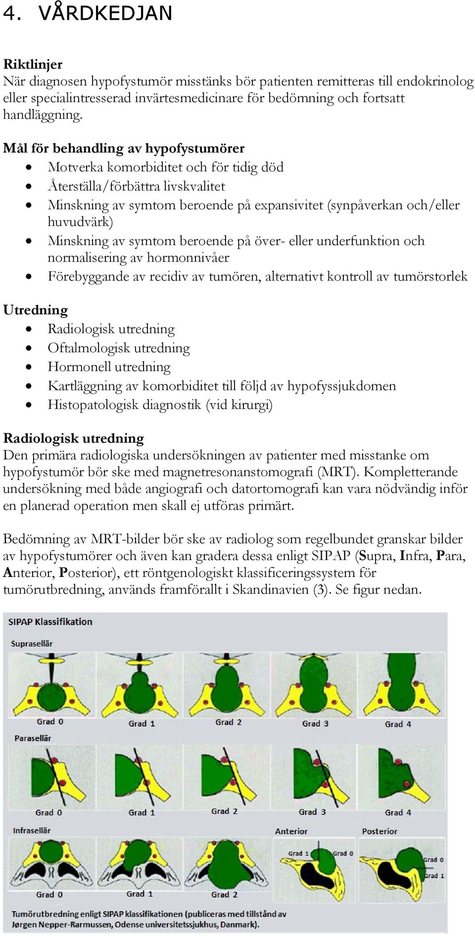 av symtom beroende på över- eller underfunktion och normalisering av hormonnivåer Förebyggande av recidiv av tumören, alternativt kontroll av tumörstorlek Utredning Radiologisk utredning