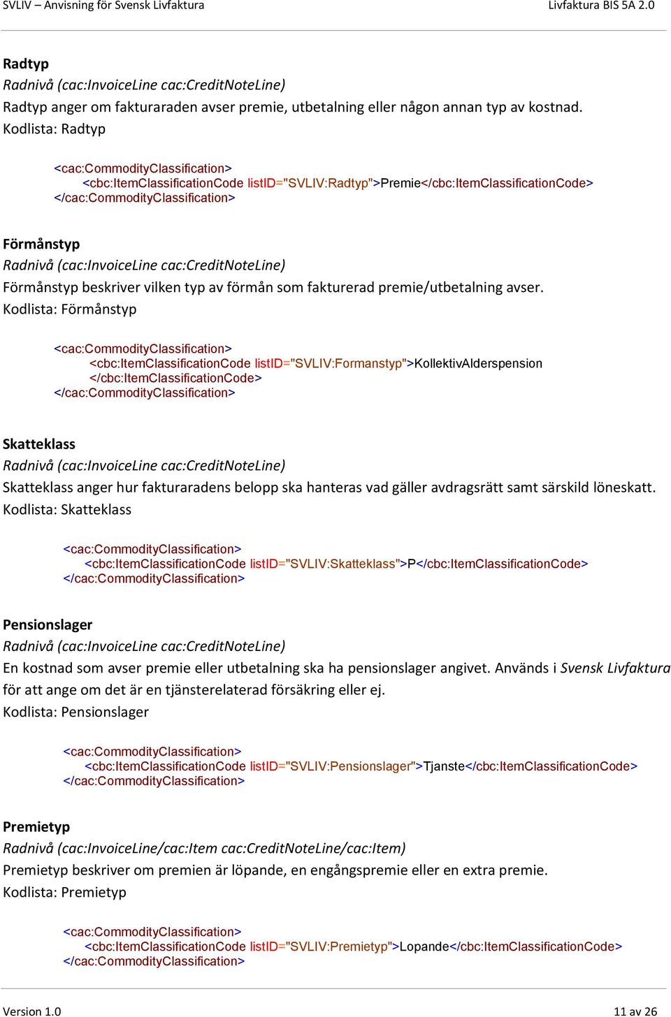 cac:creditnoteline) Förmånstyp beskriver vilken typ av förmån som fakturerad premie/utbetalning avser.