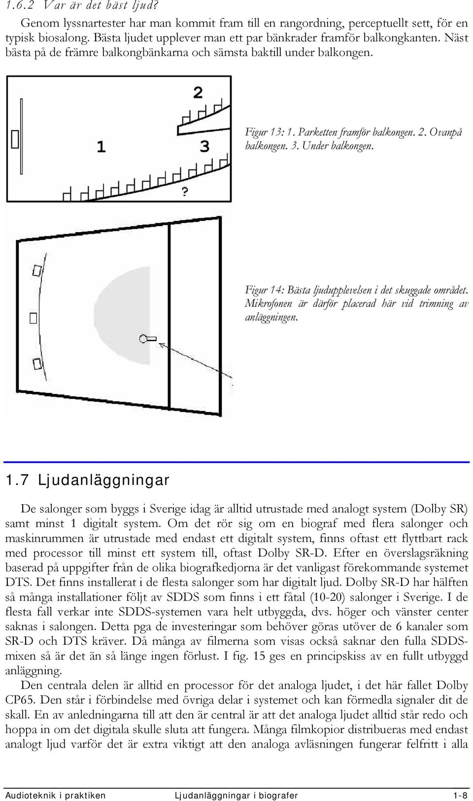 Figur 14: Bästa ljudupplevelsen i det skuggade området. Mikrofonen är därför placerad här vid trimning av anläggningen. 1.7 Ljudanläggningar De salonger som byggs i Sverige idag är alltid utrustade med analogt system (Dolby SR) samt minst 1 digitalt system.