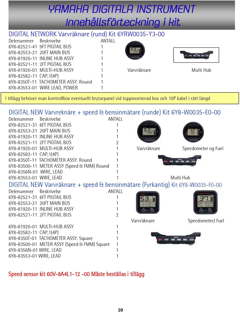 Round 1 6Y8-83553-01 WIRE LEAD, POWER 1 I tillägg behöver man kontrollbox eventuellt brytarpanel vid toppmonterad box och 10P kabel i rätt längd DIGITAL NEW Varvreknäre + speed & bensinmätare (runde)