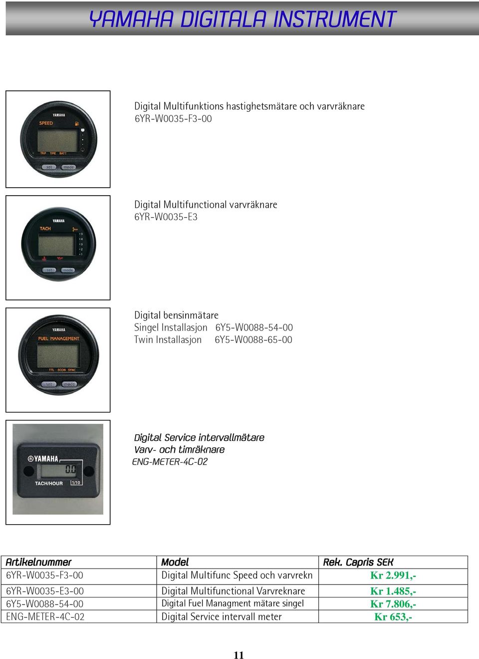 ENG-METER-4C-02 Artikelnummer Model Rek. Capris SEK 6YR-W0035-F3-00 Digital Multifunc Speed och varvrekn Kr 2.