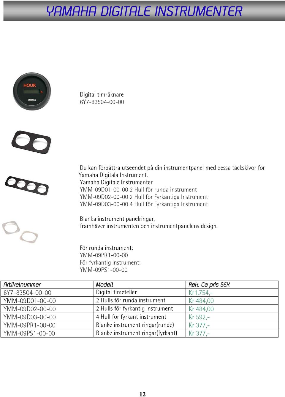 panelringar, framhäver instrumenten och instrumentpanelens design. För runda instrument: YMM-09PR1-00-00 För fyrkantig instrument: YMM-09PS1-00-00 Artikelnummer Modell Rek.