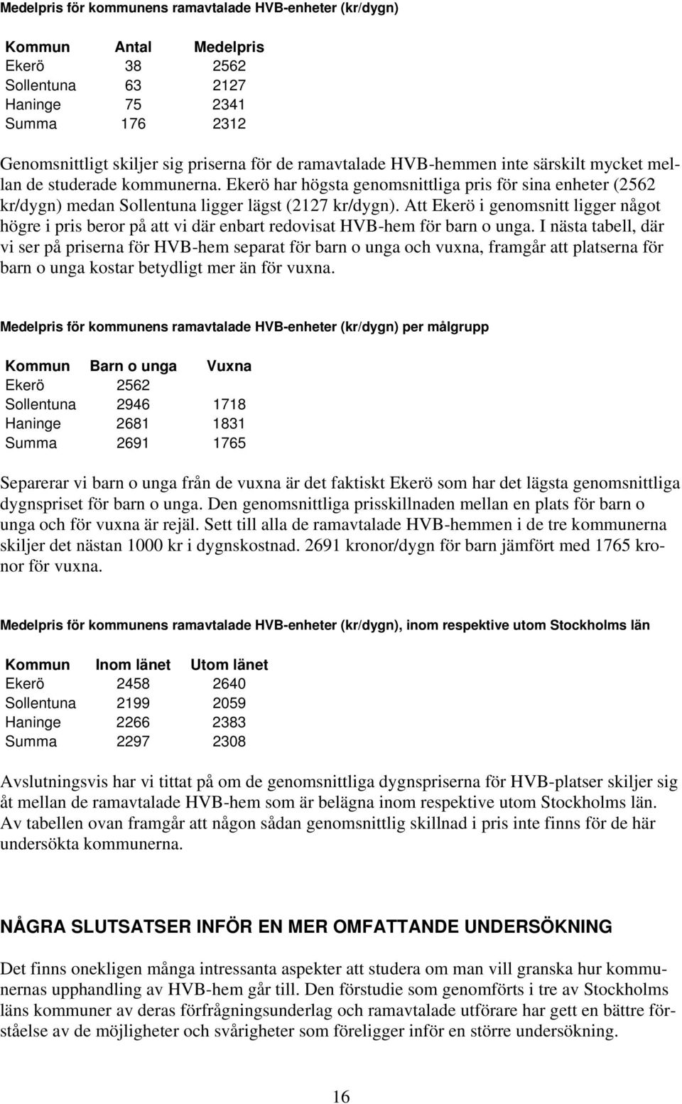 Att Ekerö i genomsnitt ligger något högre i pris beror på att vi där enbart redovisat HVB-hem för barn o unga.