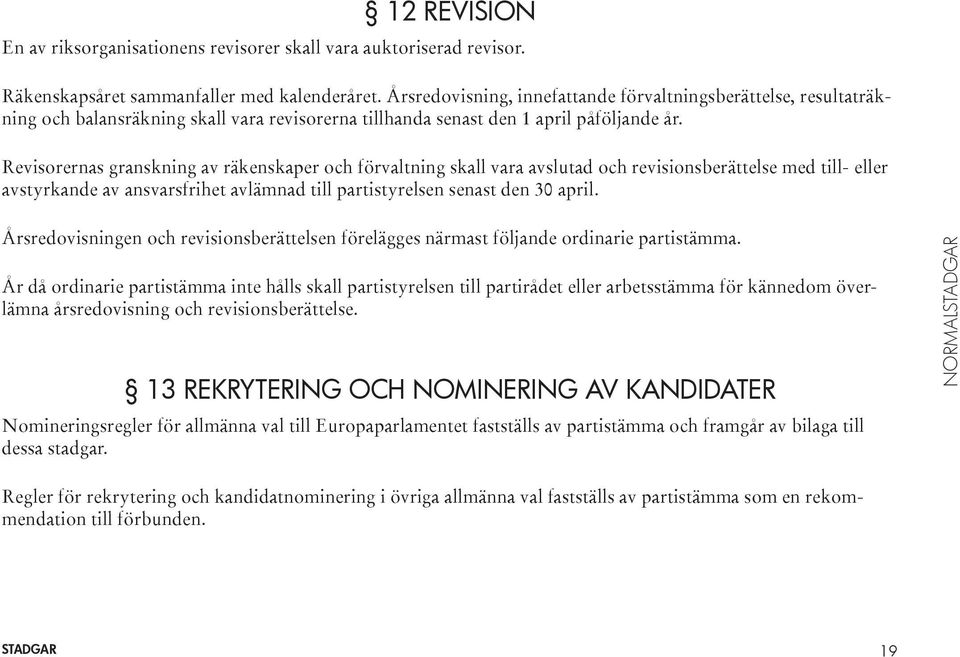 Revisorernas granskning av räkenskaper och förvaltning skall vara avslutad och revisionsberättelse med till- eller avstyrkande av ansvarsfrihet avlämnad till partistyrelsen senast den 30 april.