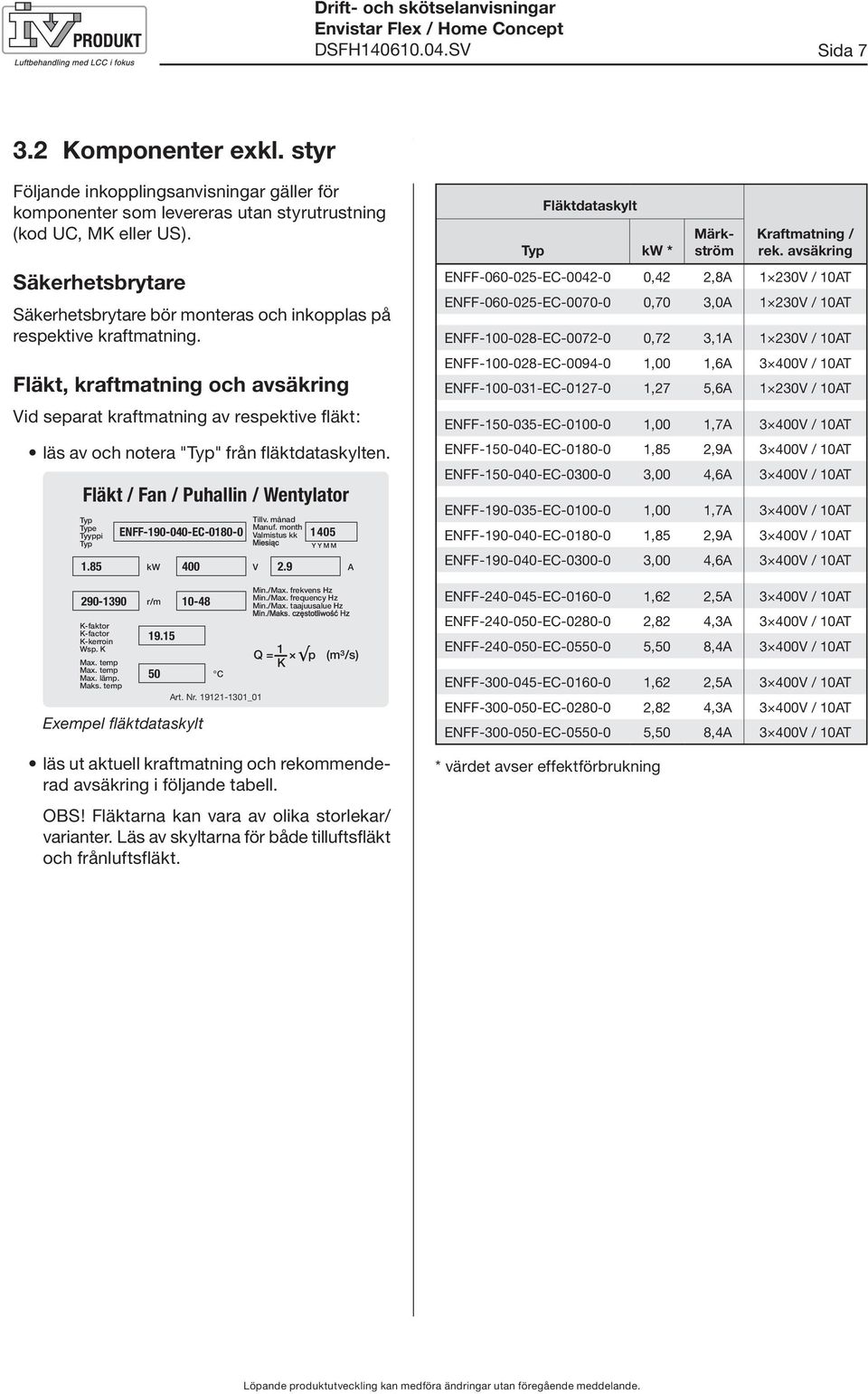 Fläkt, kraftmatning och avsäkring Vid separat kraftmatning av respektive fläkt: läs av och notera "Typ" från fläktdataskylten. Fläkt / Fan / Puhallin / Wentylator Typ Type Tyyppi Typ.