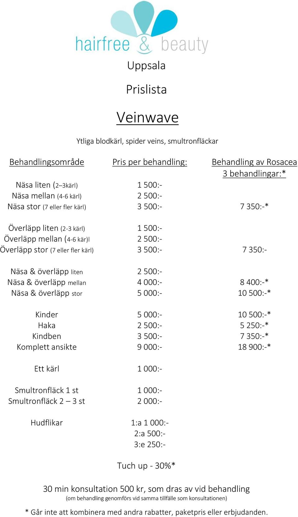 7 350:- Näsa & överläpp liten 2 500:- Näsa & överläpp mellan 4 000:- 8 400:-* Näsa & överläpp stor 5 000:- 10 500:-* Kinder 5 000:- 10 500:-* Haka 2 500:- 5 250:-* Kindben 3