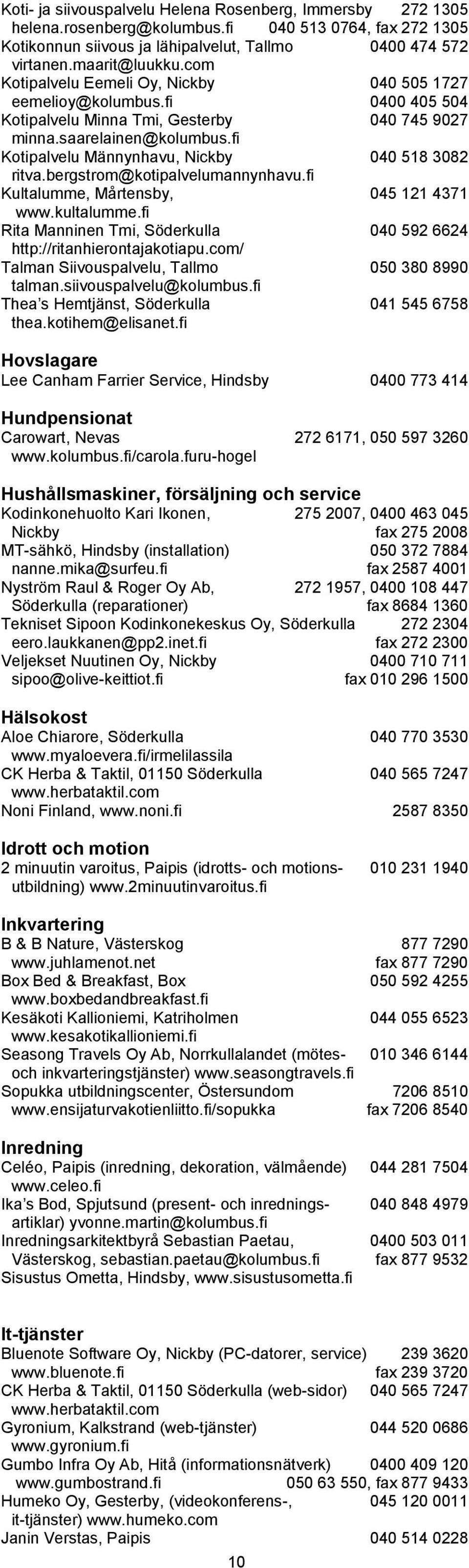 fi Kotipalvelu Männynhavu, Nickby 040 518 3082 ritva.bergstrom@kotipalvelumannynhavu.fi Kultalumme, Mårtensby, 045 121 4371 www.kultalumme.