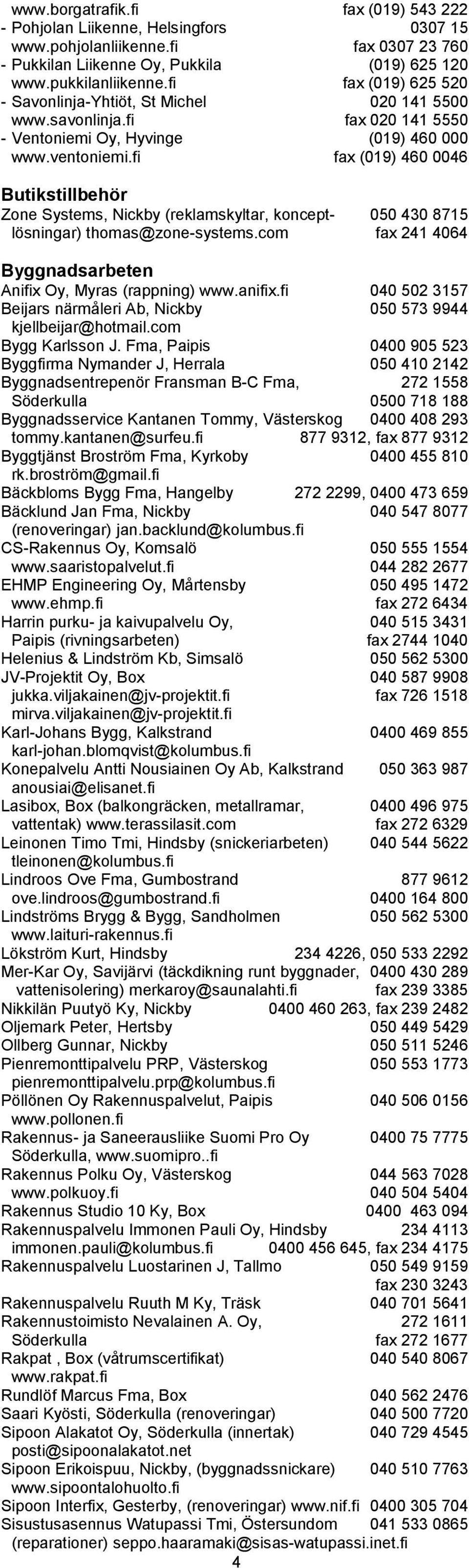 fi fax (019) 460 0046 Butikstillbehör Zone Systems, Nickby (reklamskyltar, koncept- 050 430 8715 lösningar) thomas@zone-systems.com fax 241 4064 Byggnadsarbeten Anifix Oy, Myras (rappning) www.anifix.