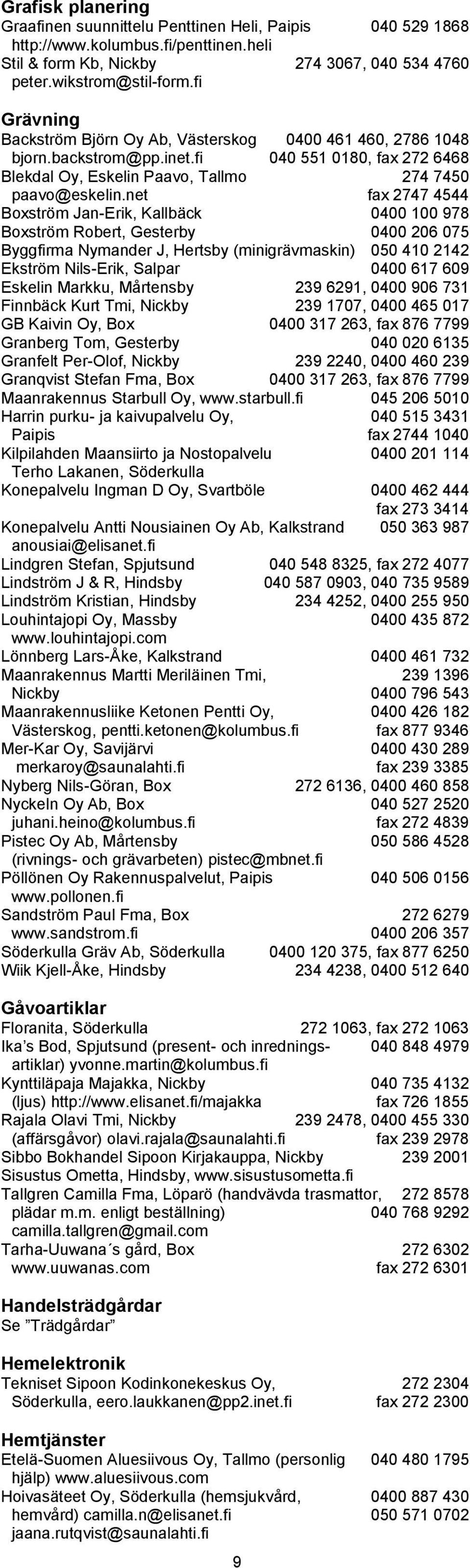 net fax 2747 4544 Boxström Jan-Erik, Kallbäck 0400 100 978 Boxström Robert, Gesterby 0400 206 075 Byggfirma Nymander J, Hertsby (minigrävmaskin) 050 410 2142 Ekström Nils-Erik, Salpar 0400 617 609