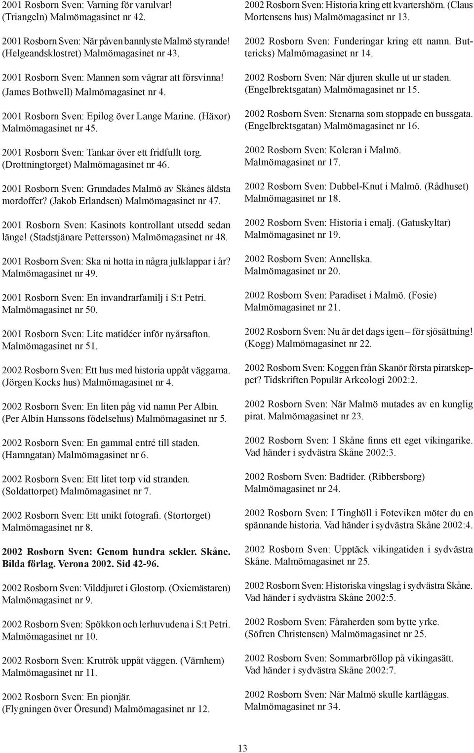 2001 Rosborn Sven: Tankar över ett fridfullt torg. (Drottningtorget) Malmömagasinet nr 46. 2001 Rosborn Sven: Grundades Malmö av Skånes äldsta mordoffer? (Jakob Erlandsen) Malmömagasinet nr 47.