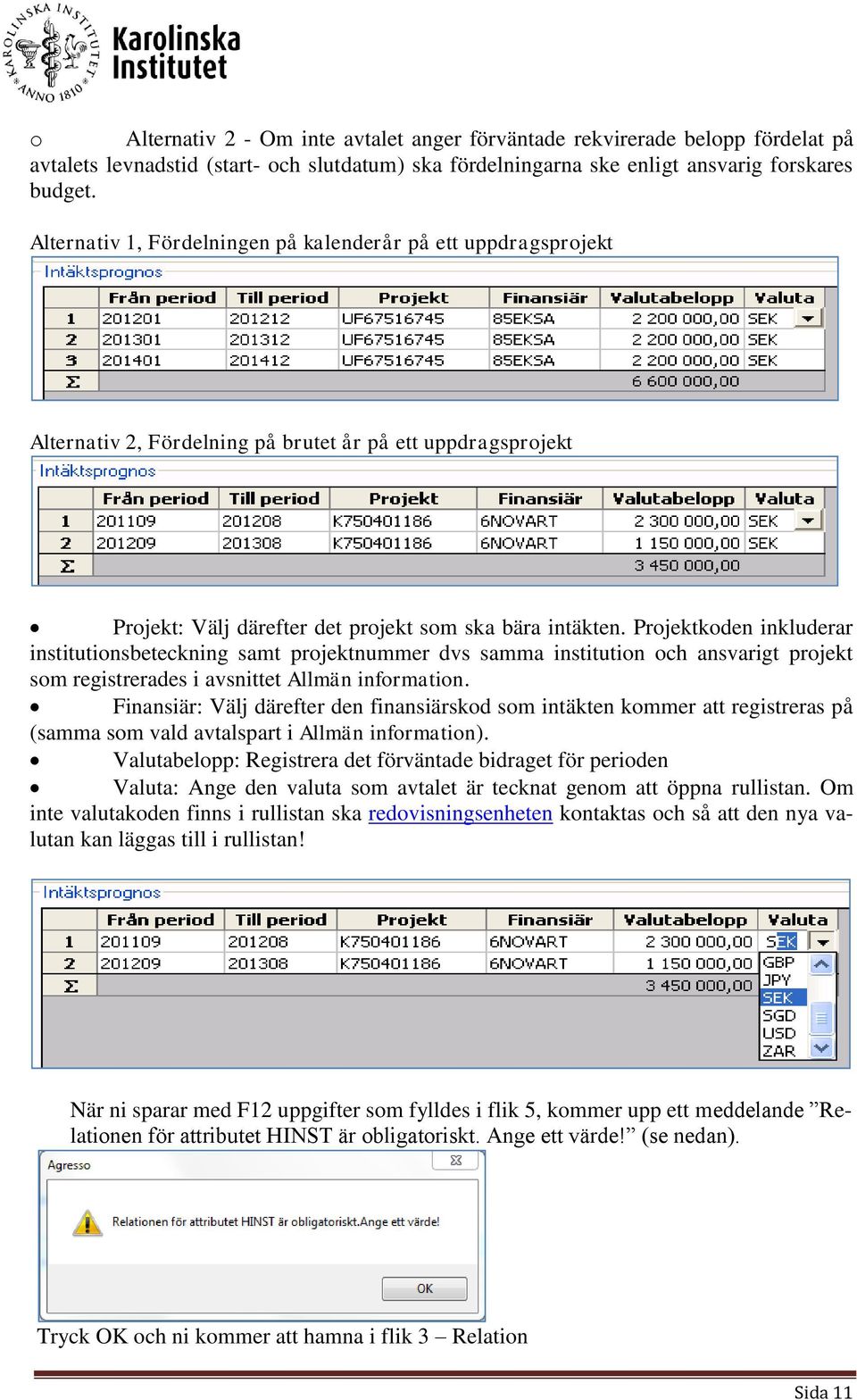 Projektkoden inkluderar institutionsbeteckning samt projektnummer dvs samma institution och ansvarigt projekt som registrerades i avsnittet Allmän information.