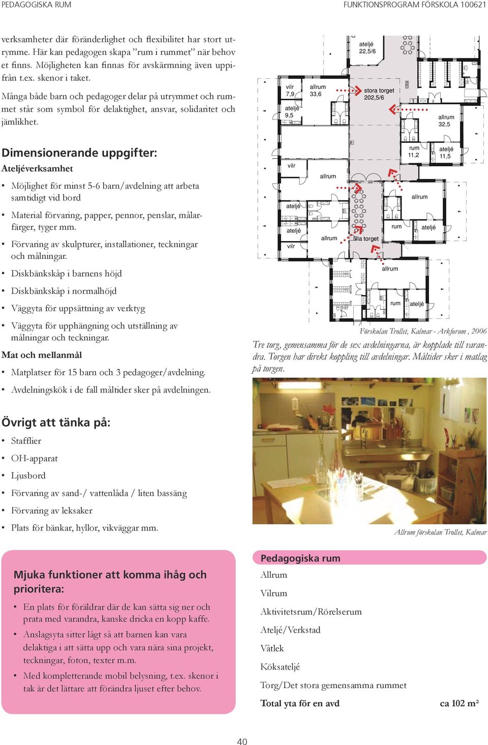 7,9 9,5 33,6 22,5/6 stora torget 202,5/6 32,5 Dimensionerande uppgifter: Ateljéverksamhet Möjlighet för minst 5-6 barn/avdelning att arbeta samtidigt vid bord Material förvaring, papper, pennor,