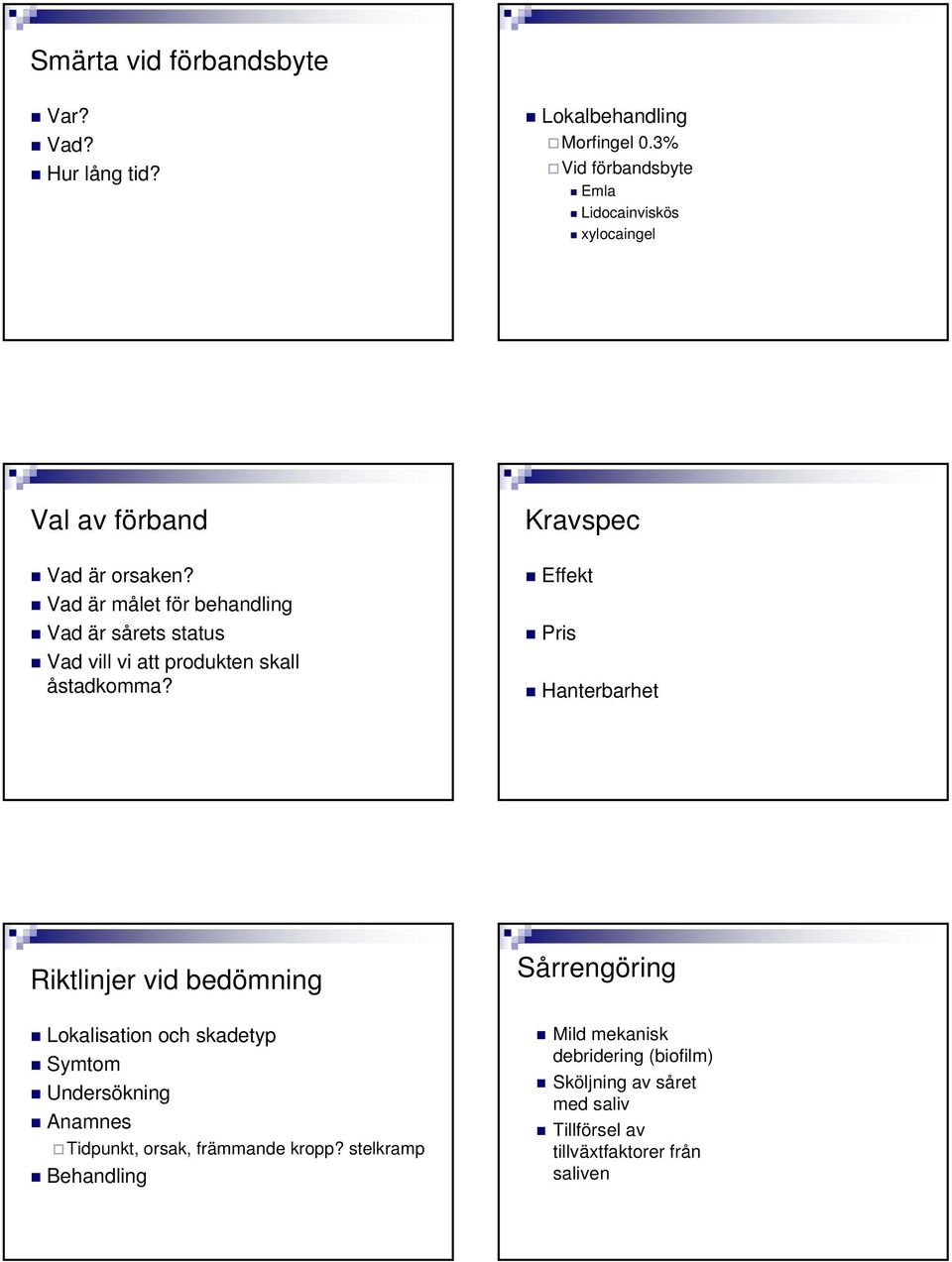 Vad är målet för behandling Vad är sårets status Vad vill vi att produkten skall åstadkomma?