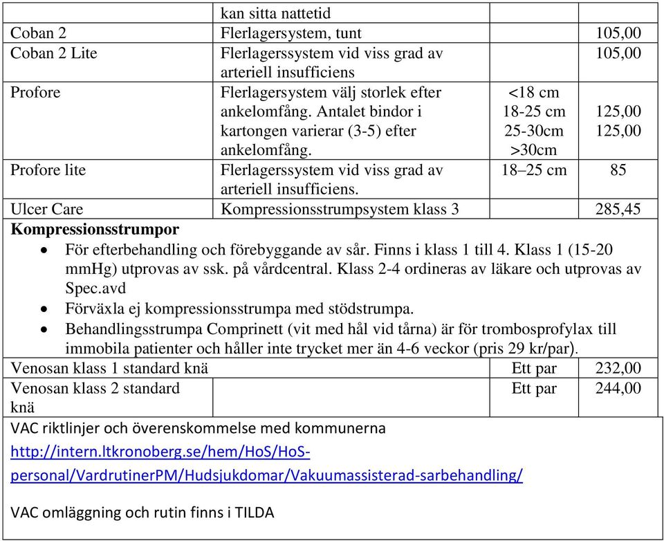 Ulcer Care Kompressionsstrumpsystem klass 3 285,45 Kompressionsstrumpor För efterbehandling och förebyggande av sår. Finns i klass 1 till 4. Klass 1 (15-20 mmhg) utprovas av ssk. på vårdcentral.