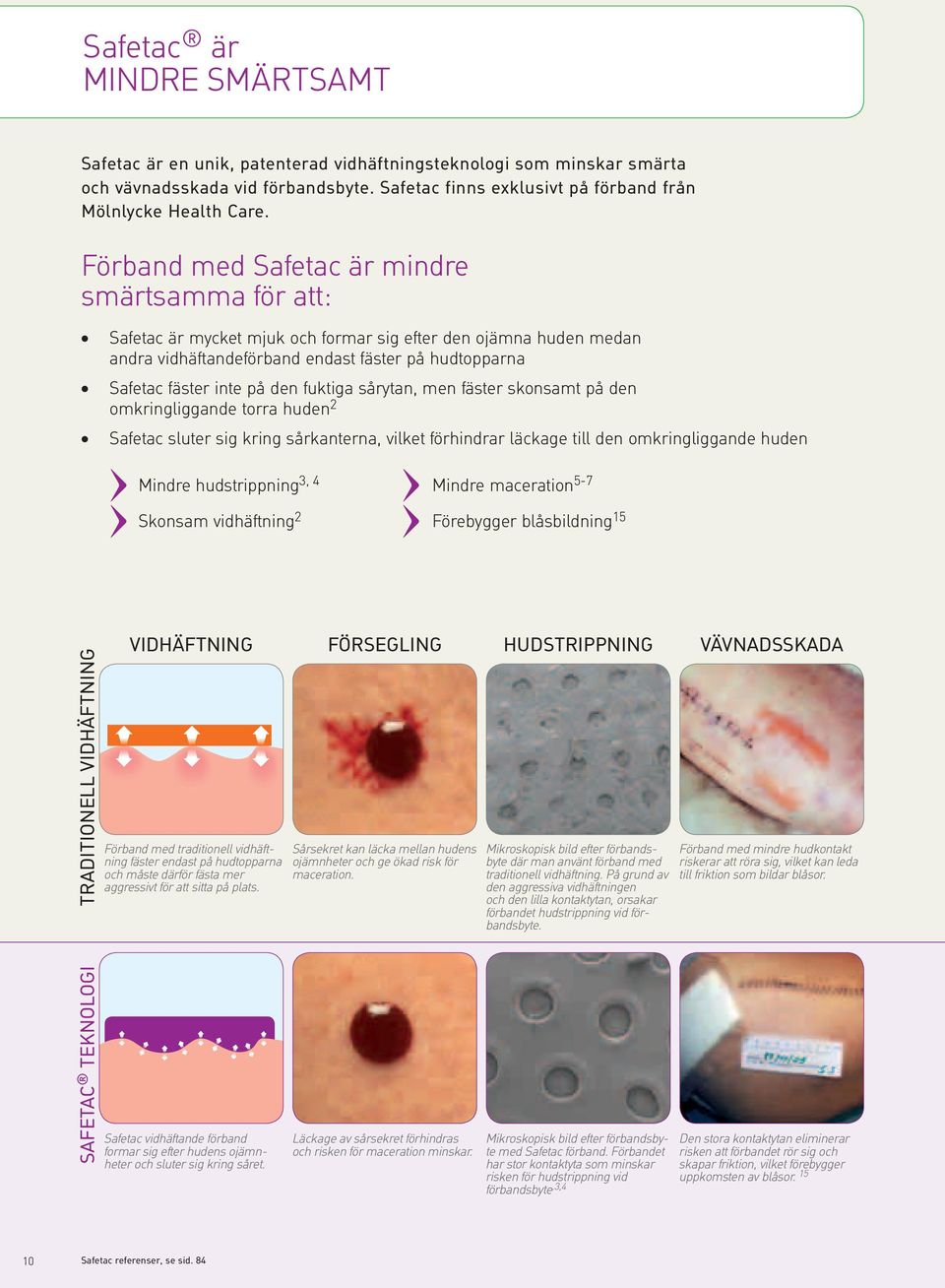 fuktiga sårytan, men fäster skonsamt på den omkringliggande torra huden 2 Safetac sluter sig kring sårkanterna, vilket förhindrar läckage till den omkringliggande huden Mindre hudstrippning 3, 4