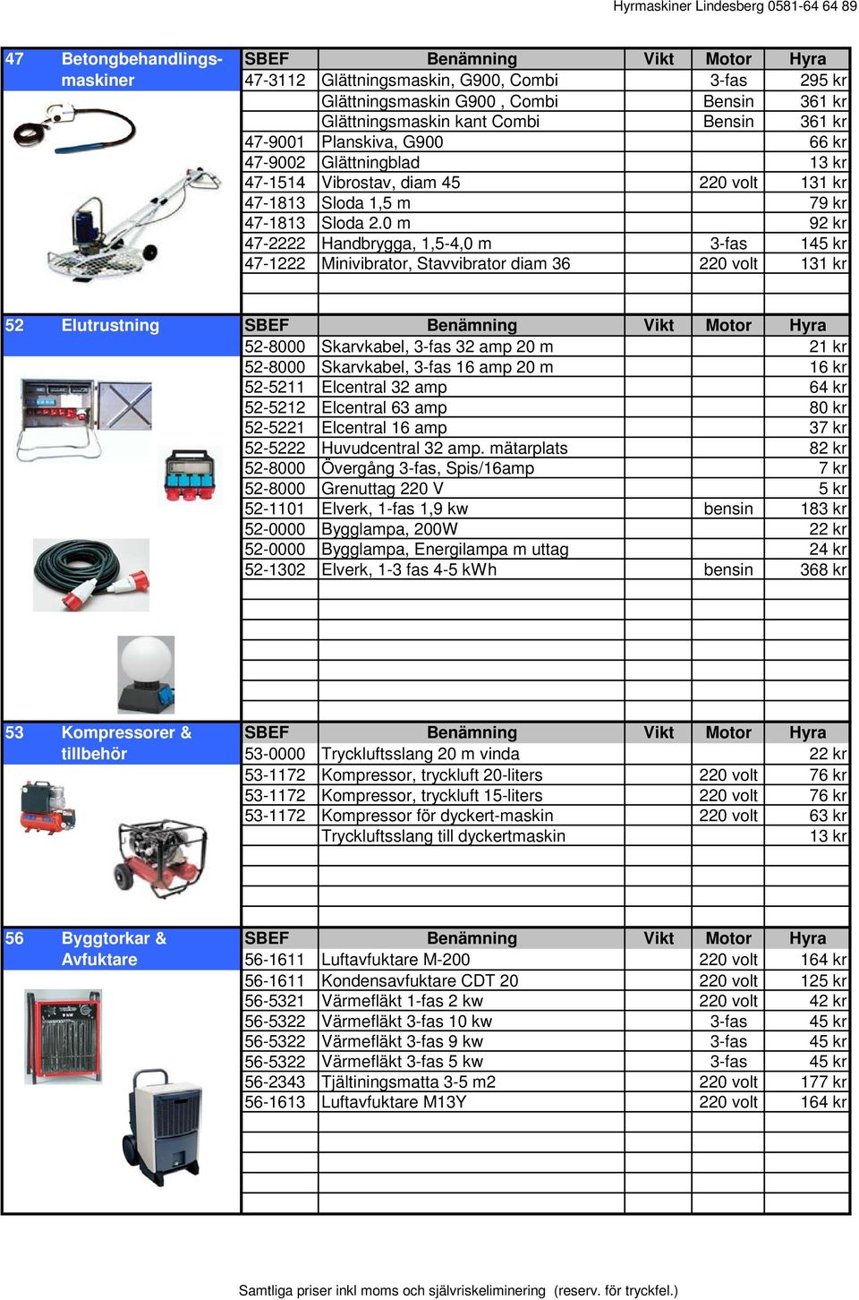 0 m 92 kr 47-2222 Handbrygga, 1,5-4,0 m 3-fas 145 kr 47-1222 Minivibrator, Stavvibrator diam 36 220 volt 131 kr 52 Elutrustning SBEF Benämning Vikt Motor Hyra 52-8000 Skarvkabel, 3-fas 32 amp 20 m 21