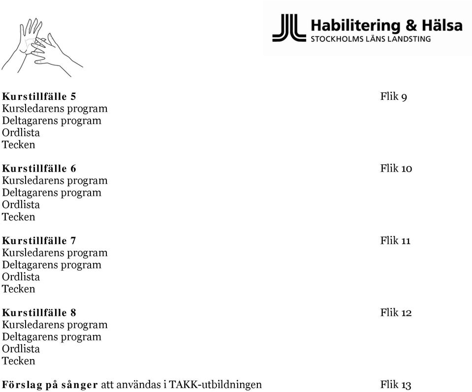 Kursledarens program Deltagarens program Ordlista Tecken Kurstillfälle 8 Flik 12 Kursledarens