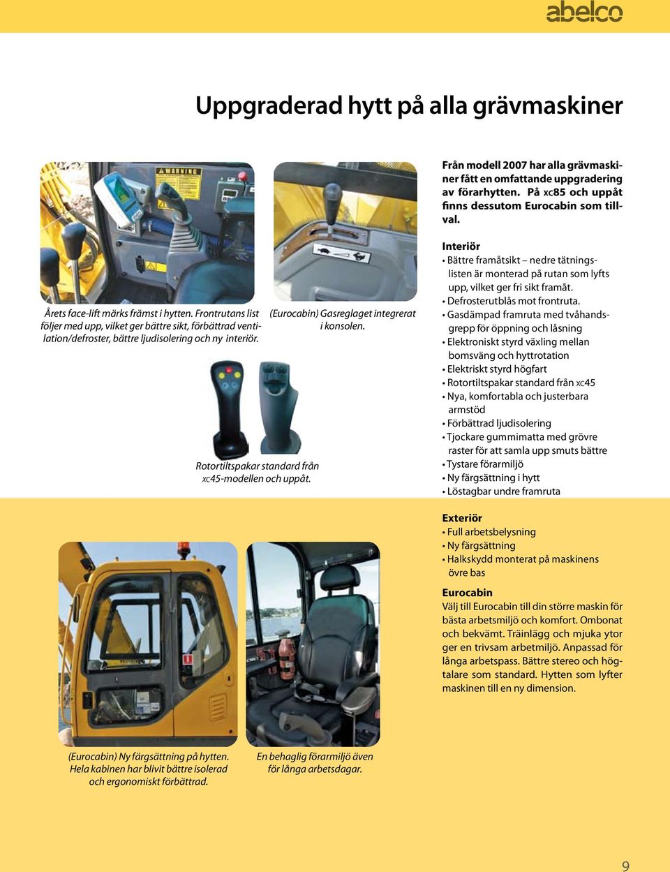 Rotortiltspakar standard från xc45-modellen och uppåt. (Eurocabin) Gasreglaget integrerat i konsolen.