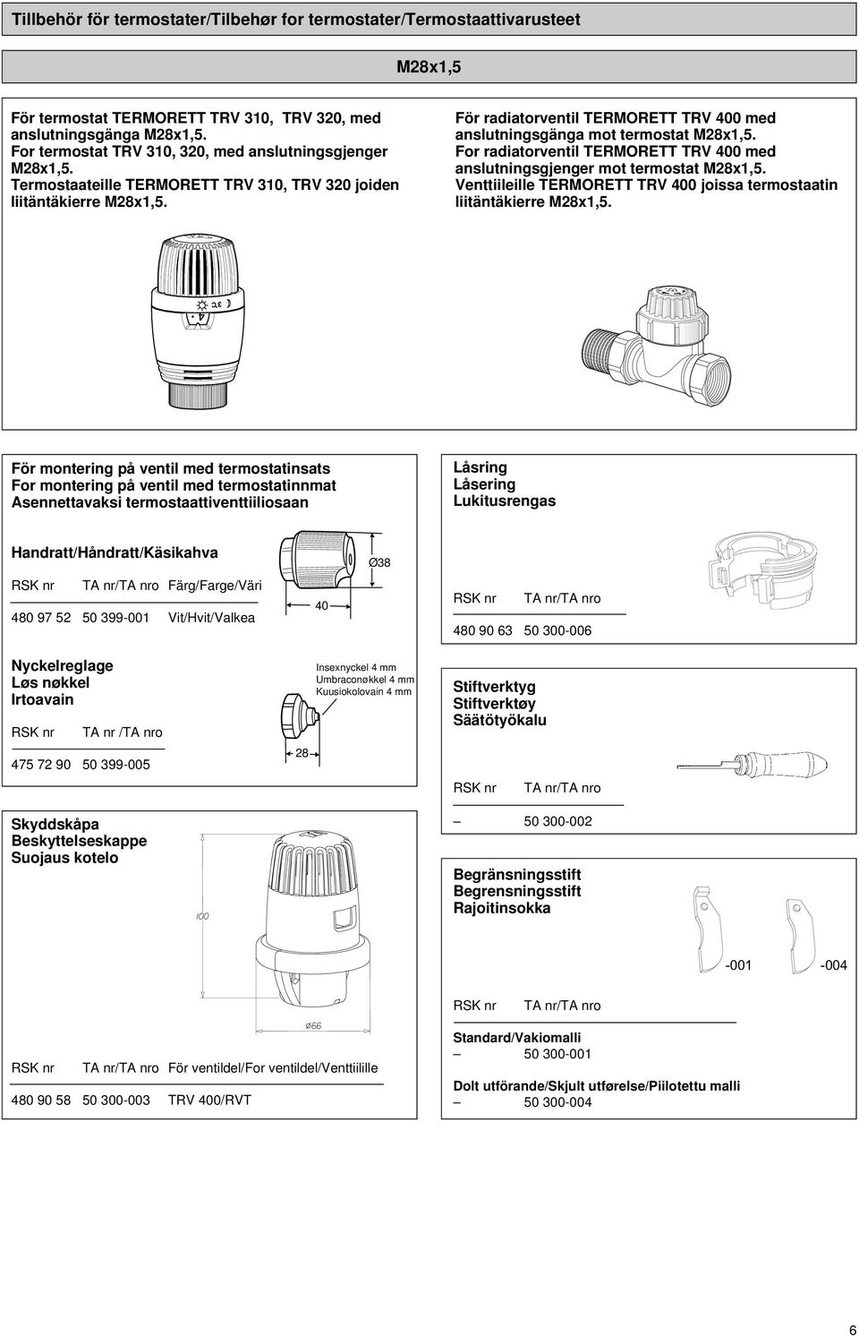 För raiatorventil TERMORETT TRV 400 me anslutningsgänga mot termostat Mx1,5. For raiatorventil TERMORETT TRV 400 me anslutningsgjenger mot termostat Mx1,5.