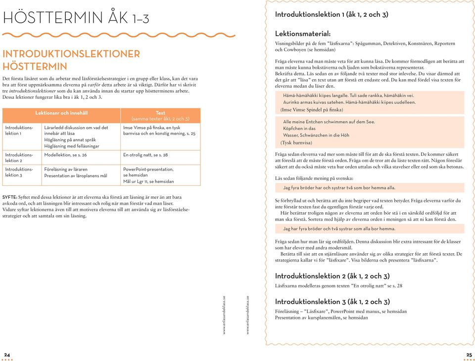 Introduktionslektion 1 Introduktionslektion 2 Introduktionslektion 3 Lektionsnr och innehåll Lärarledd diskussion om vad det innebär att läsa Högläsning på annat språk Högläsning med felläsningar