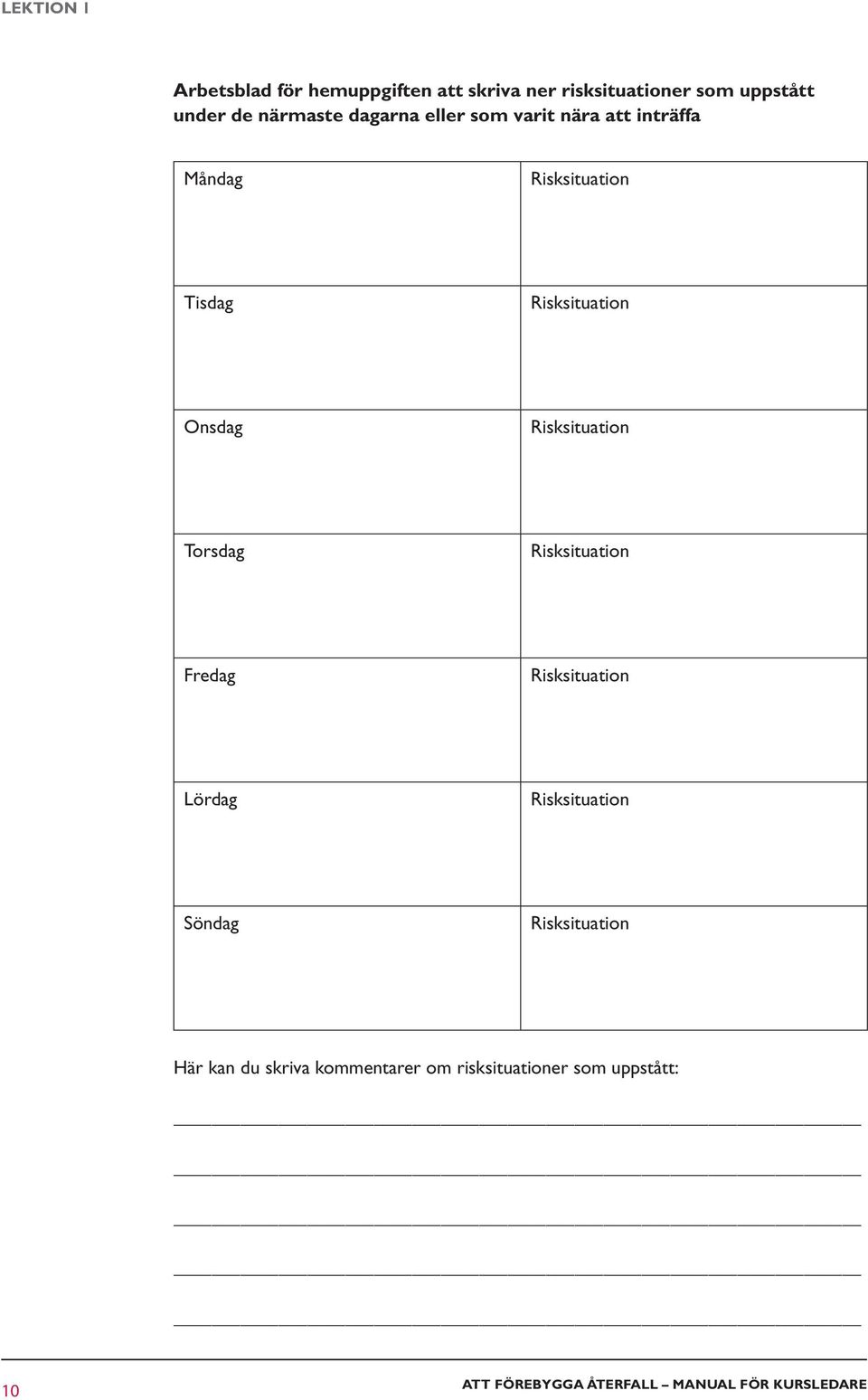 Risksituation Torsdag Risksituation Fredag Risksituation Lördag Risksituation Söndag Risksituation