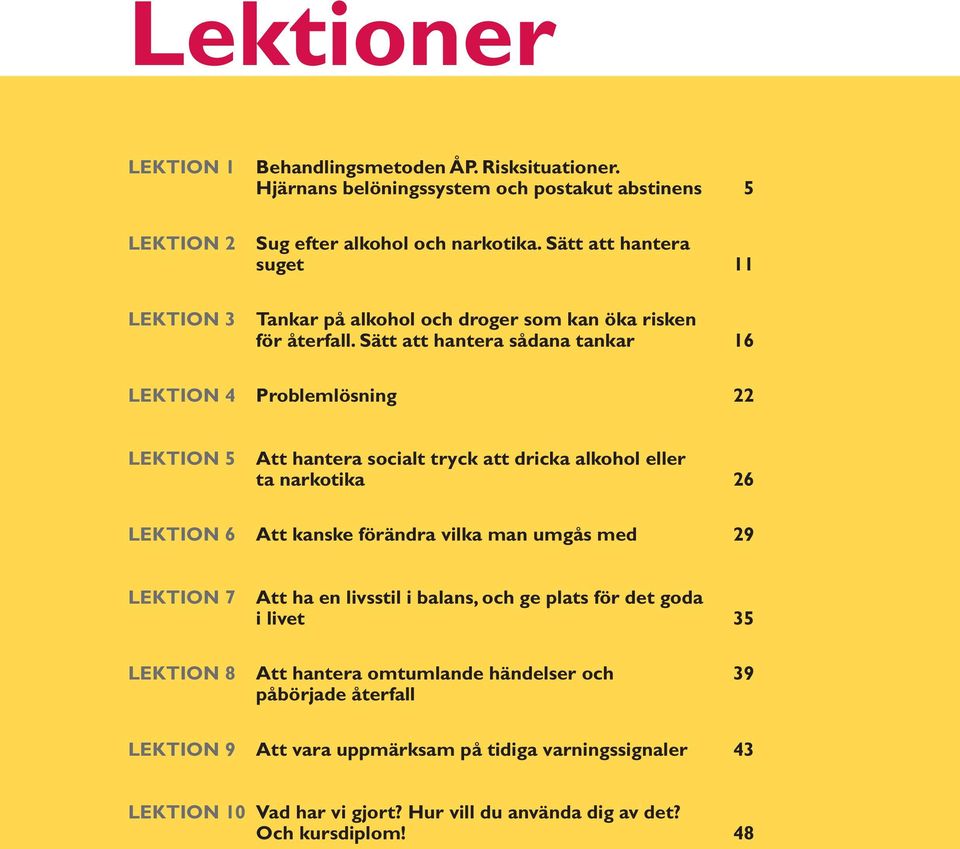 Sätt att hantera sådana tankar 16 Lektion 4 Problemlösning 22 Lektion 5 Att hantera socialt tryck att dricka alkohol eller ta narkotika 26 Lektion 6 Att kanske förändra vilka man umgås med 29