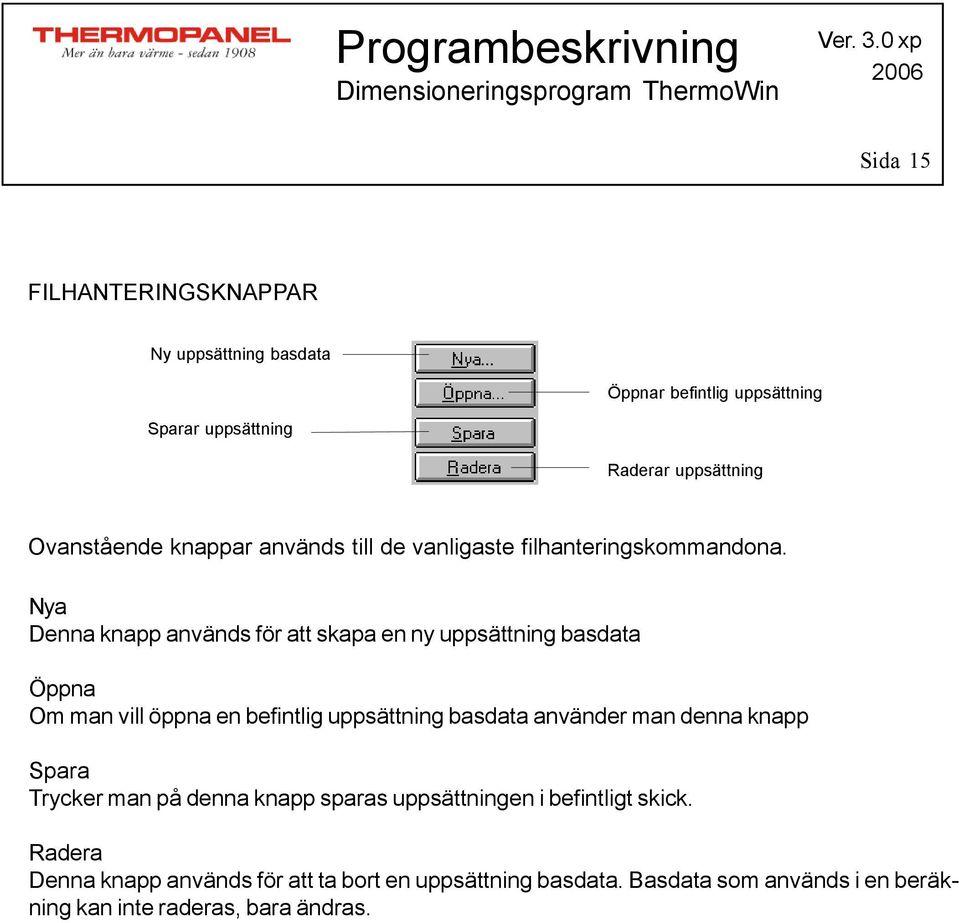 Nya Denna knapp används för att skapa en ny uppsättning basdata Öppna Om man vill öppna en befintlig uppsättning basdata använder man