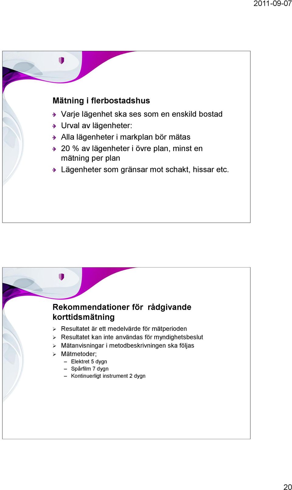 Rekommendationer för rådgivande korttidsmätning Resultatet är ett medelvärde för mätperioden Resultatet kan inte användas för