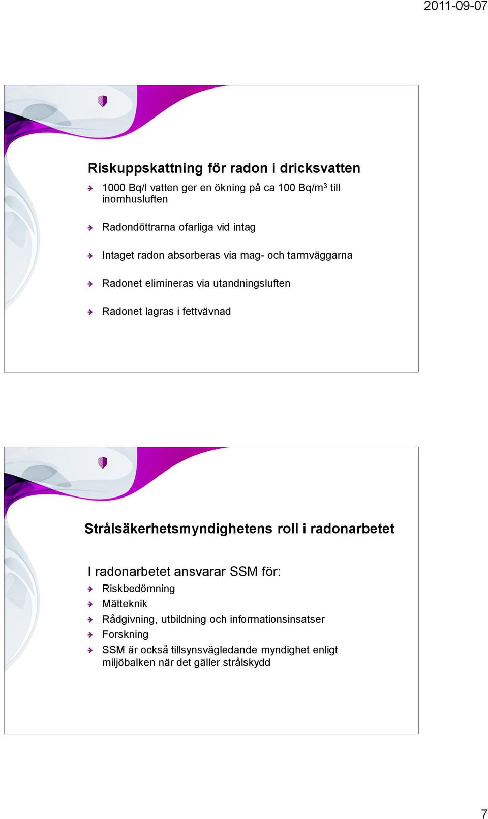 fettvävnad Strålsäkerhetsmyndighetens roll i radonarbetet I radonarbetet ansvarar SSM för: Riskbedömning Mätteknik Rådgivning,