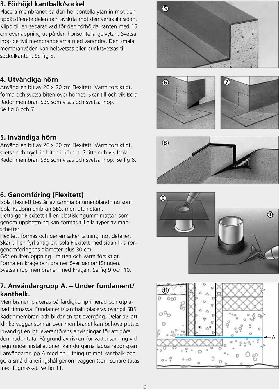 Den smala membranvåden kan helsvetsas eller punktsvetsas till sockelkanten. Se fig 5. 5 4. Utvändiga hörn Använd en bit av 20 x 20 cm Flexitett. Värm försiktigt, forma och svetsa biten över hörnet.