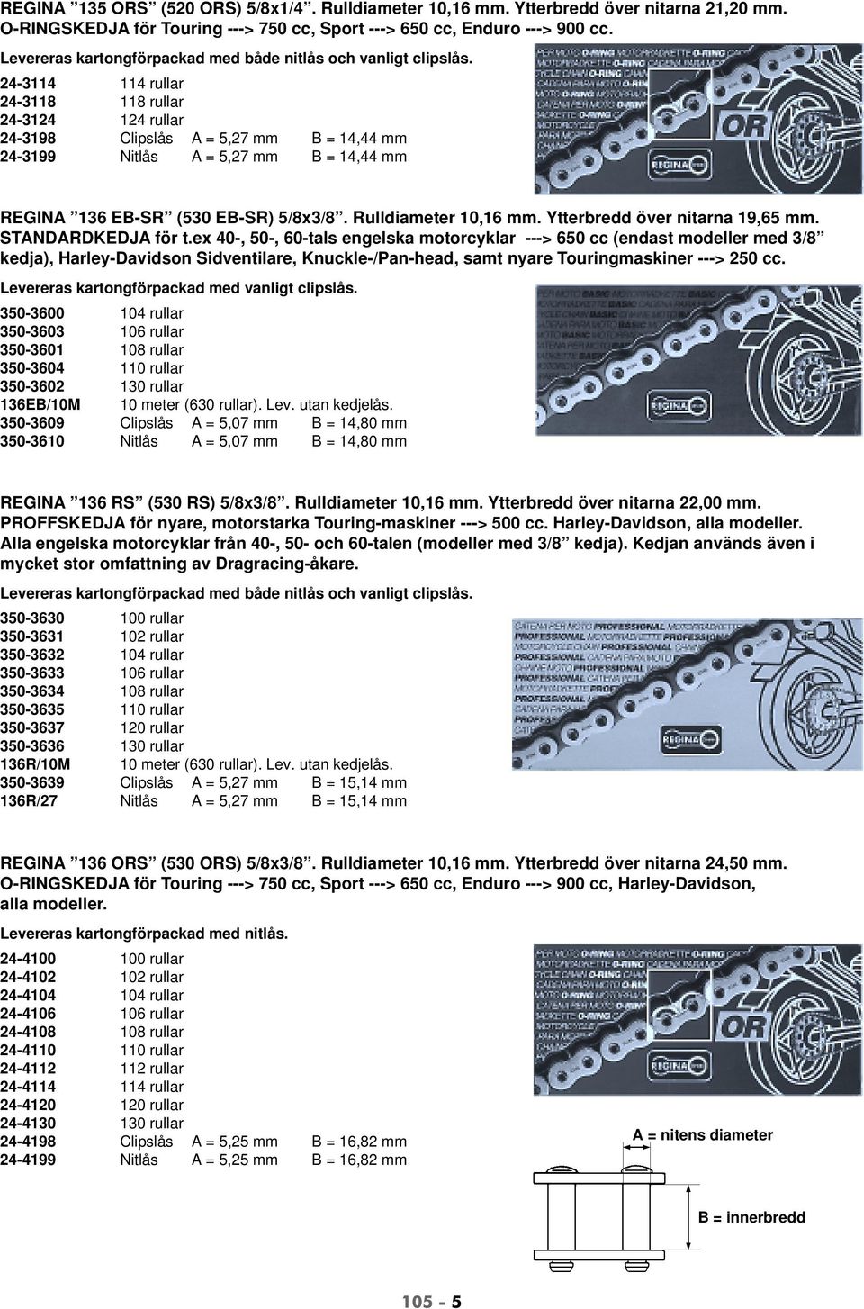 24-3114 114 rullar 24-3118 118 rullar 24-3124 124 rullar 24-3198 Clipslås A = 5,27 mm B = 14,44 mm 24-3199 Nitlås A = 5,27 mm B = 14,44 mm REGINA 136 EB-SR (530 EB-SR) 5/8x3/8. Rulldiameter 10,16 mm.