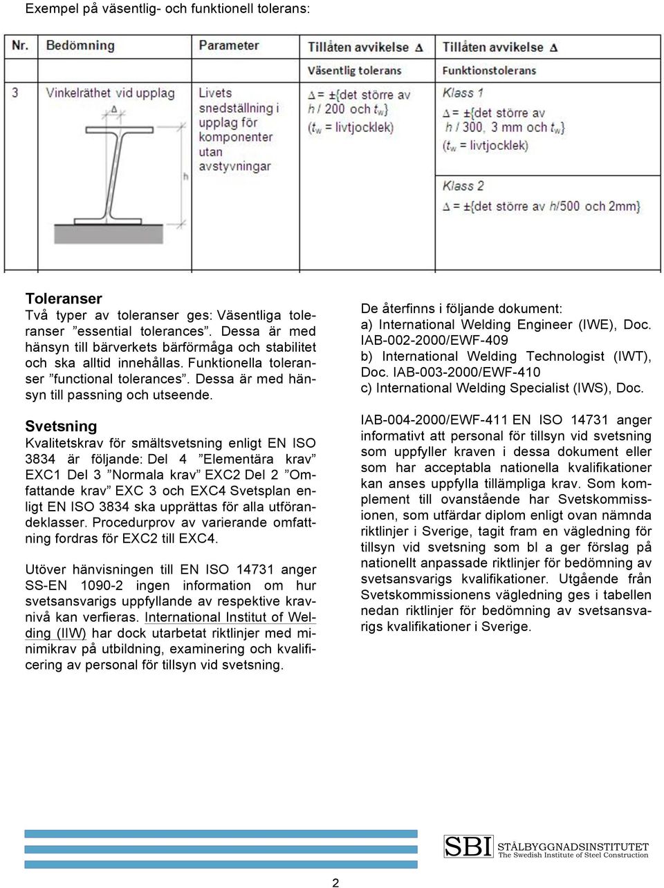 Svetsning Kvalitetskrav för smältsvetsning enligt EN ISO 3834 är följande: Del 4 Elementära krav EXC1 Del 3 Normala krav EXC2 Del 2 Omfattande krav EXC 3 och EXC4 Svetsplan enligt EN ISO 3834 ska