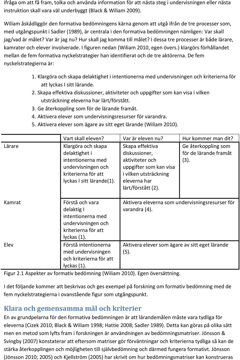 målet? Var är jag nu? Hur skall jag komma till målet? I dessa tre processer är både lärare, kamrater och elever involverade. I figuren nedan (Wiliam 2010, egen övers.