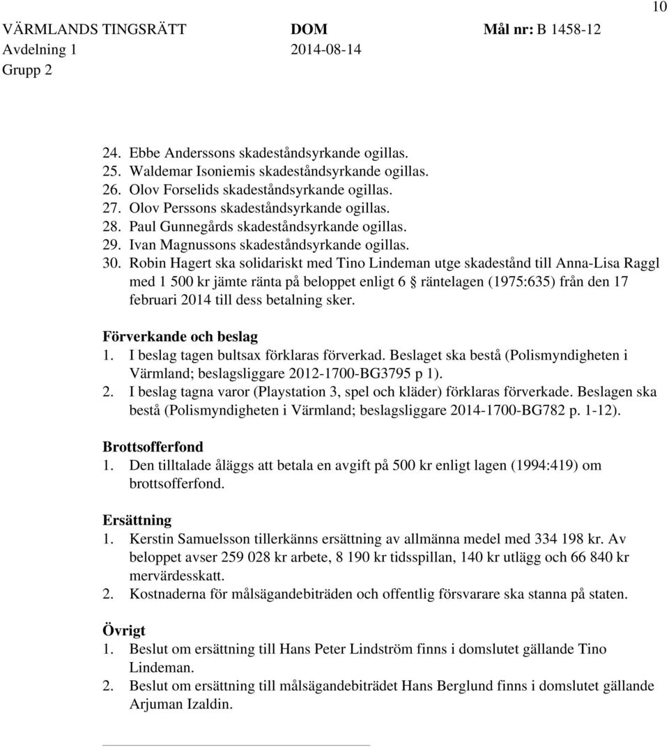 Robin Hagert ska solidariskt med Tino Lindeman utge skadestånd till Anna-Lisa Raggl med 1 500 kr jämte ränta på beloppet enligt 6 räntelagen (1975:635) från den 17 februari 2014 till dess betalning