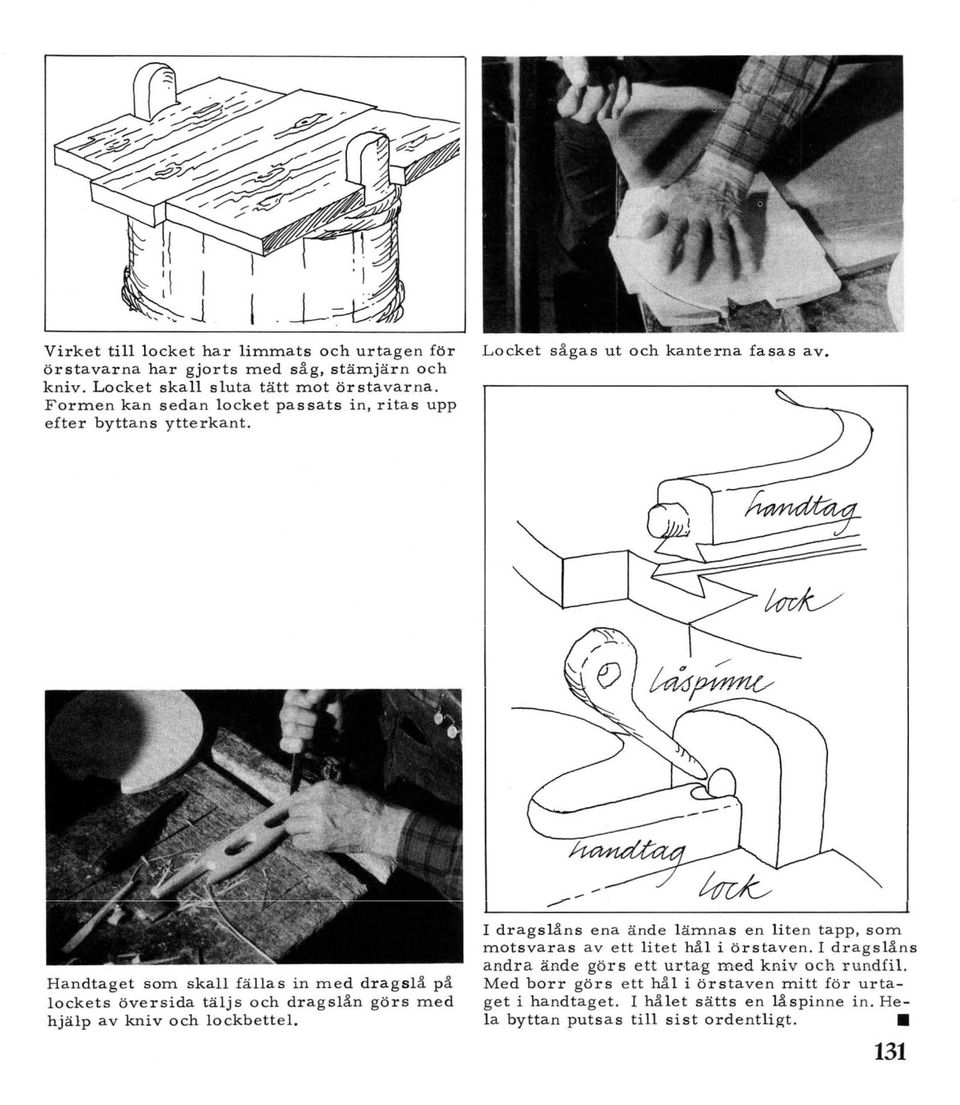 Handtaget som skall fällas in med dragslå på lockets översida täljs och dragslån görs med hjälp av kniv och lockbettel.