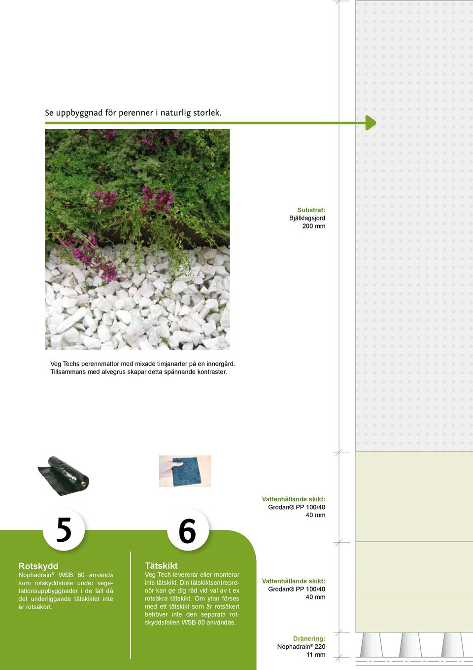 5 6 Vattenhållande skikt: Grodan PP 00/0 0 mm Rotskydd Nophadrain WSB 80 används som rotskyddsfolie under vegetationsuppbyggnader i de fall då det underliggande tätskiktet inte är
