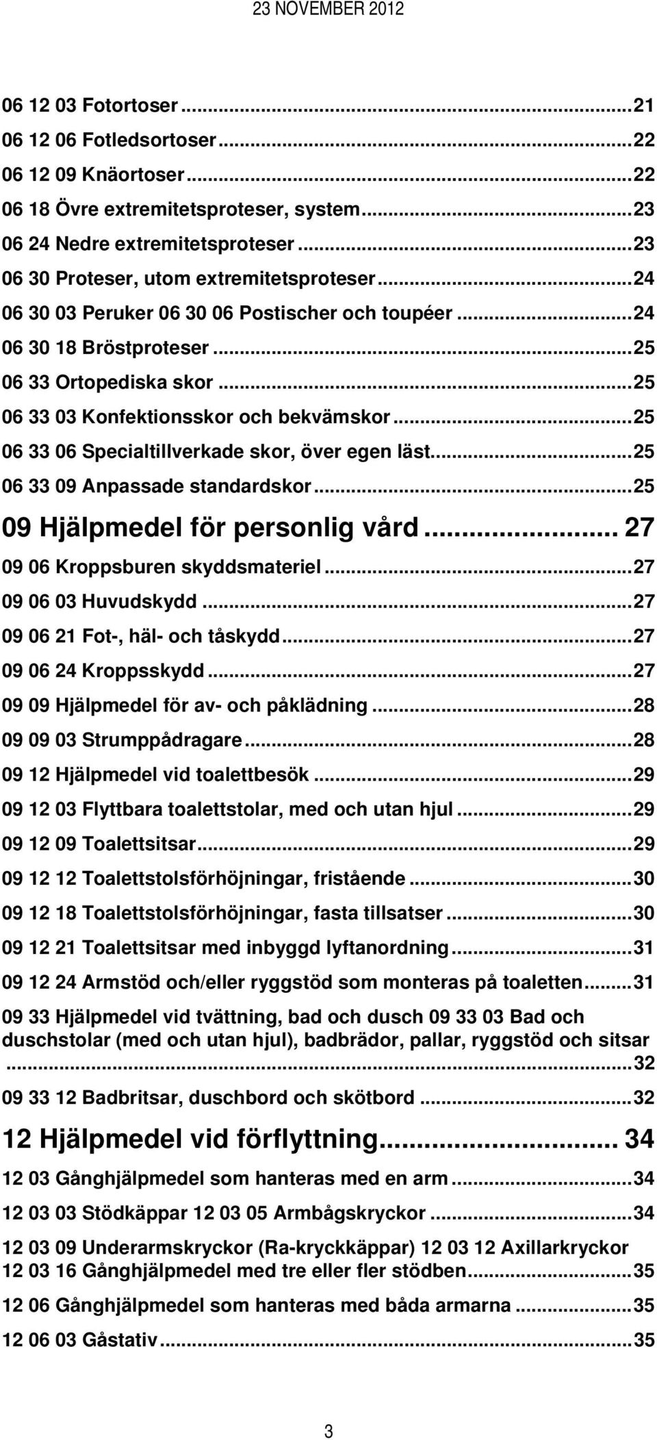 ..25 06 33 06 Specialtillverkade skor, över egen läst...25 06 33 09 Anpassade standardskor...25 09 Hjälpmedel för personlig vård... 27 09 06 Kroppsburen skyddsmateriel...27 09 06 03 Huvudskydd.