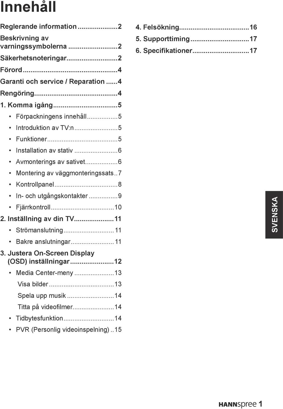 ..8 In- och utgångskontakter...9 Fjärrkontroll...10. Inställning av din TV...11 Strömanslutning...11 Bakre anslutningar...11. Justera On-Screen Display (OSD) inställningar.