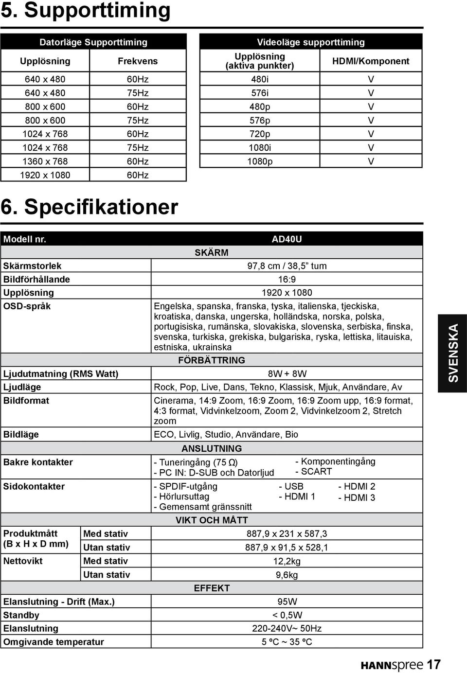 Skärmstorlek SKÄRM AD40U 97,8 cm / 8,5 tum Bildförhållande 16:9 Upplösning 190 x 1080 OSD-språk Ljudutmatning (RMS Watt) Ljudläge Bildformat Bildläge Bakre kontakter - Tuneringång (75 ) - PC IN: